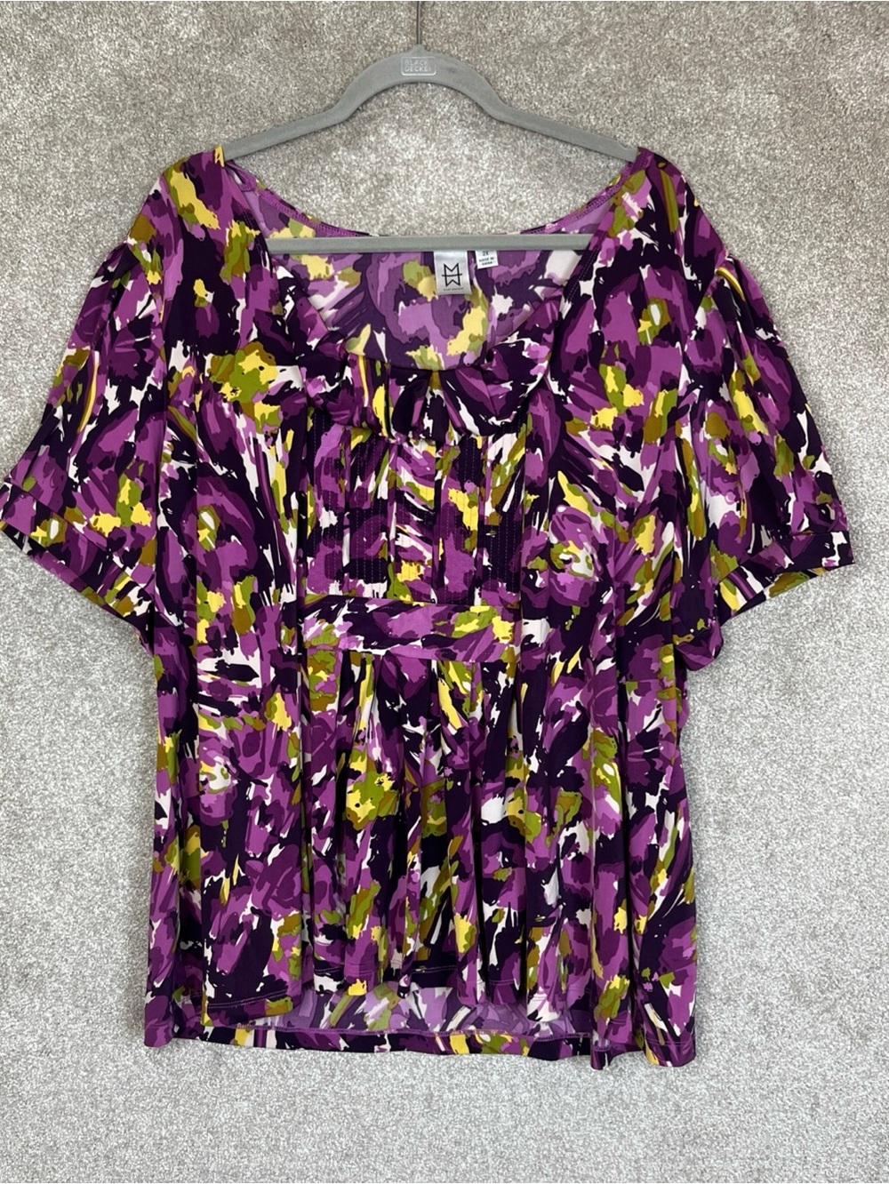 Marc Bouwer Blouse Womens 2X Purple Floral Stretch Pullover Short Sleeve- 5241